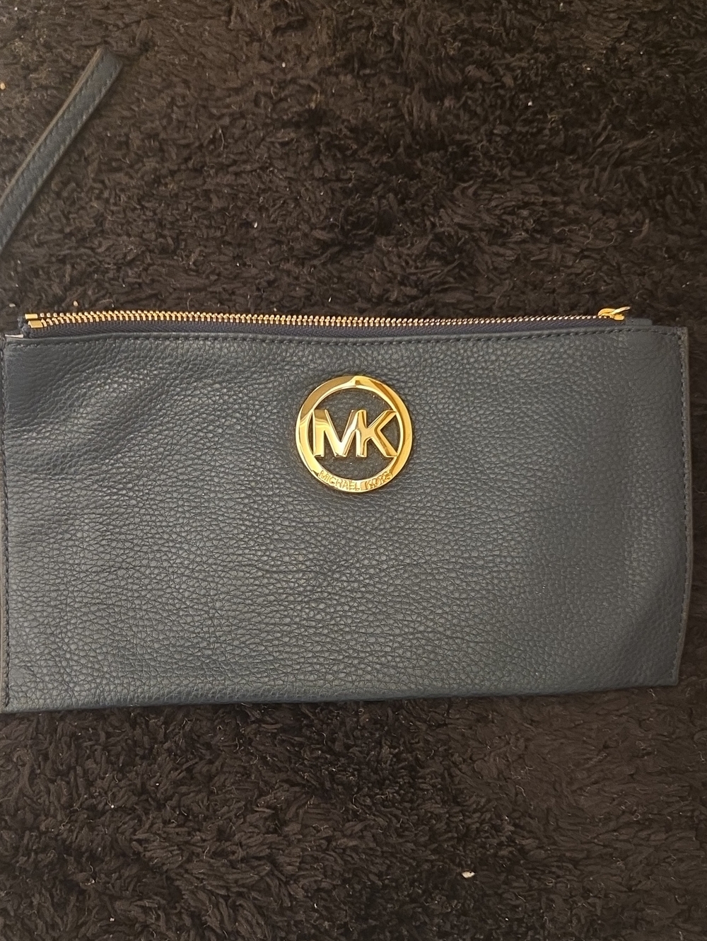 Michael Kors Navy Pebbled Leather Wristlet with Gold MK Emblem